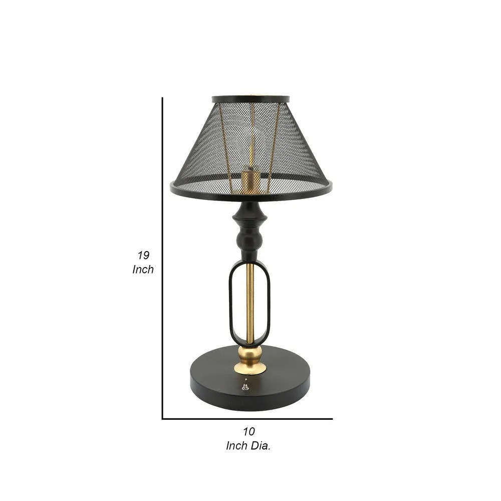 19 Inch Table Lamp, Round Metal Mesh Shade, Hollow Body, Black, Gold Stand By Casagear Home