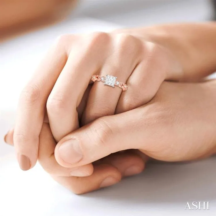 3/8 ct Princess Cut Shape Accentuated Shank Lovebright Diamond Cluster Ring in 14K Rose and White Gold