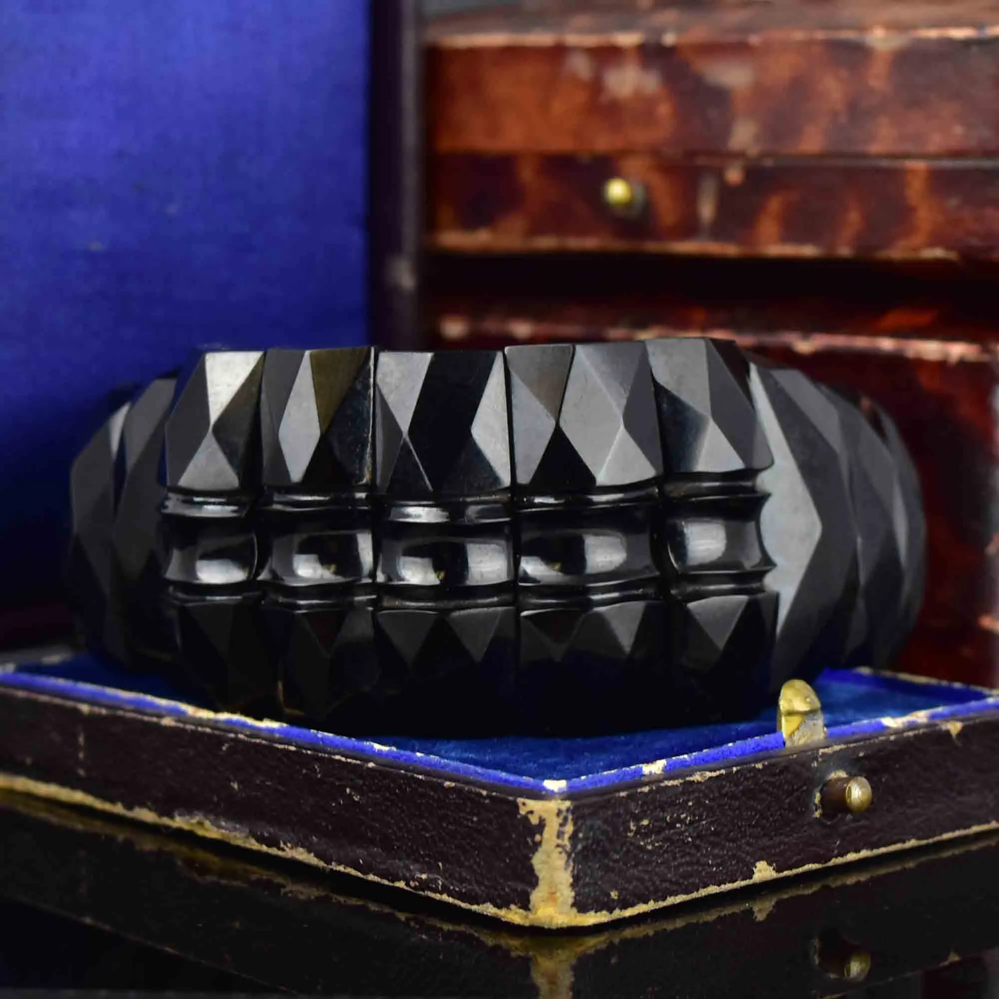 Antique Victorian Geometric Carved Whitby Jet Bracelet