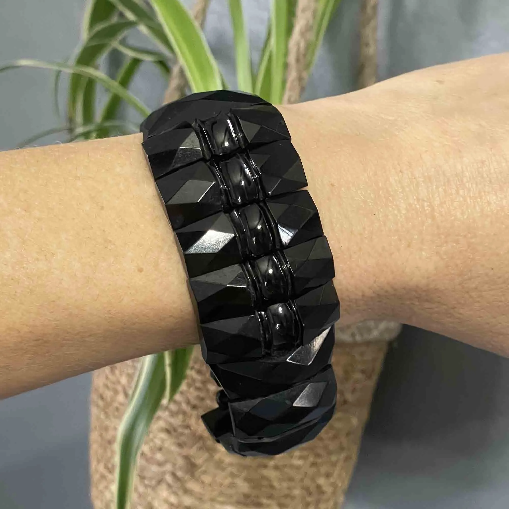 Antique Victorian Geometric Carved Whitby Jet Bracelet
