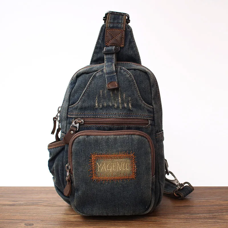 Blue Denim Mens Sling Bag Cool Chest Bag Vintage Blue Denim Sling Pack For Men