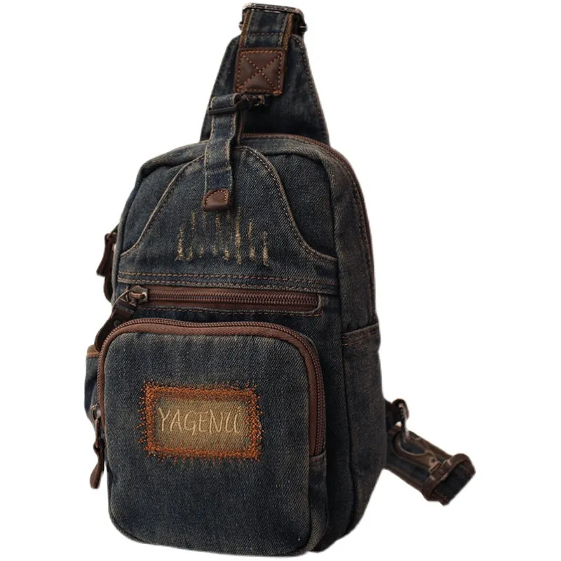 Blue Denim Mens Sling Bag Cool Chest Bag Vintage Blue Denim Sling Pack For Men