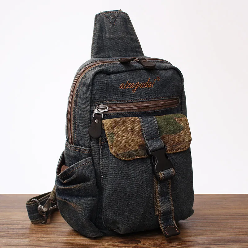 Blue Denim Mens Sling Bag Cool Chest Bag Vintage Blue Denim Sling Pack For Men