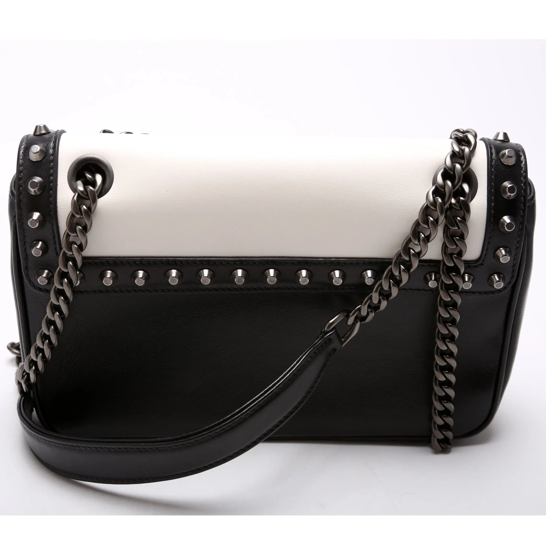 Chain Flap Studded Glaze Calfskin White/Black