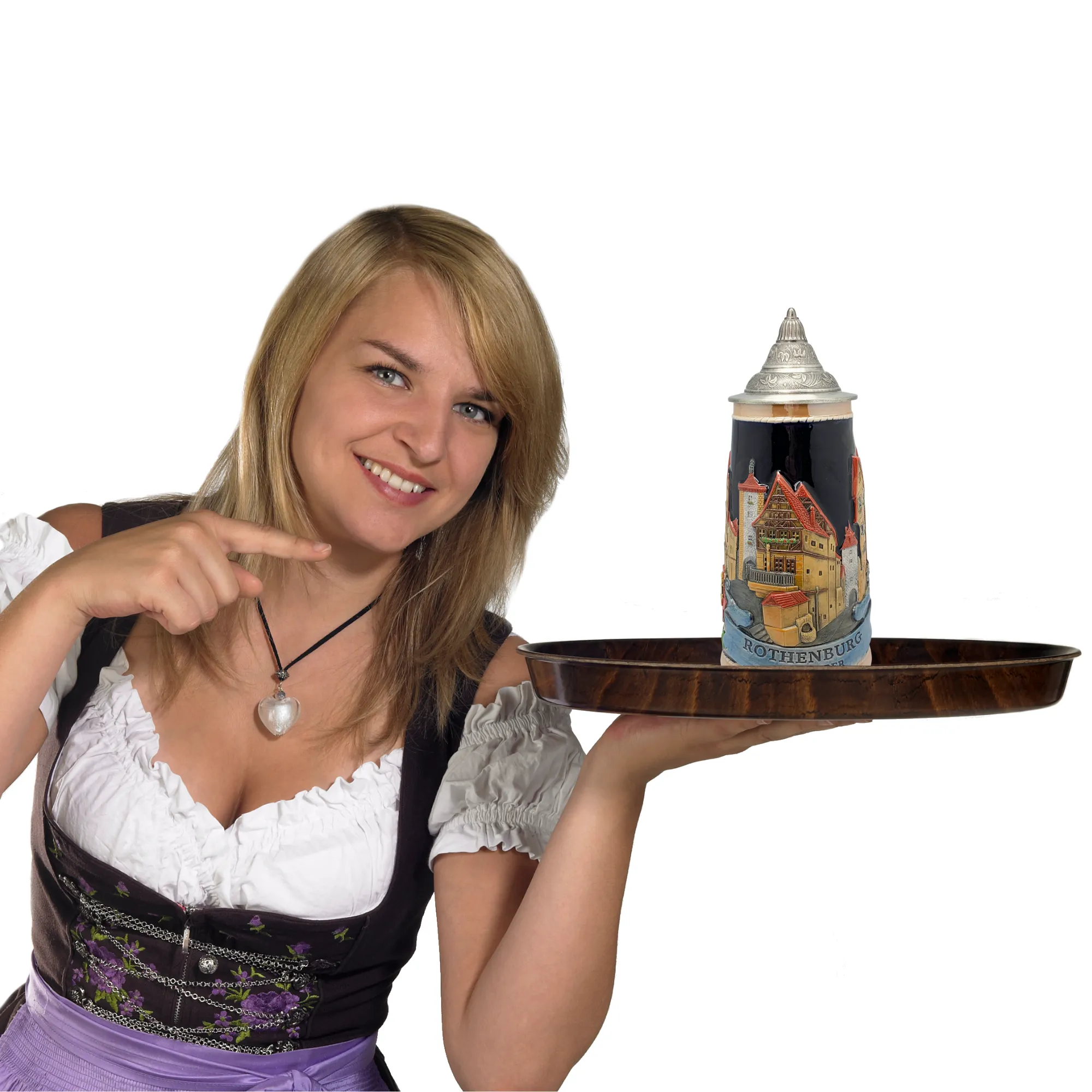 Collectible Ceramic Rothenburg Germany Beer Stein with Raised Relief Artwork and Ornate Metal Lid