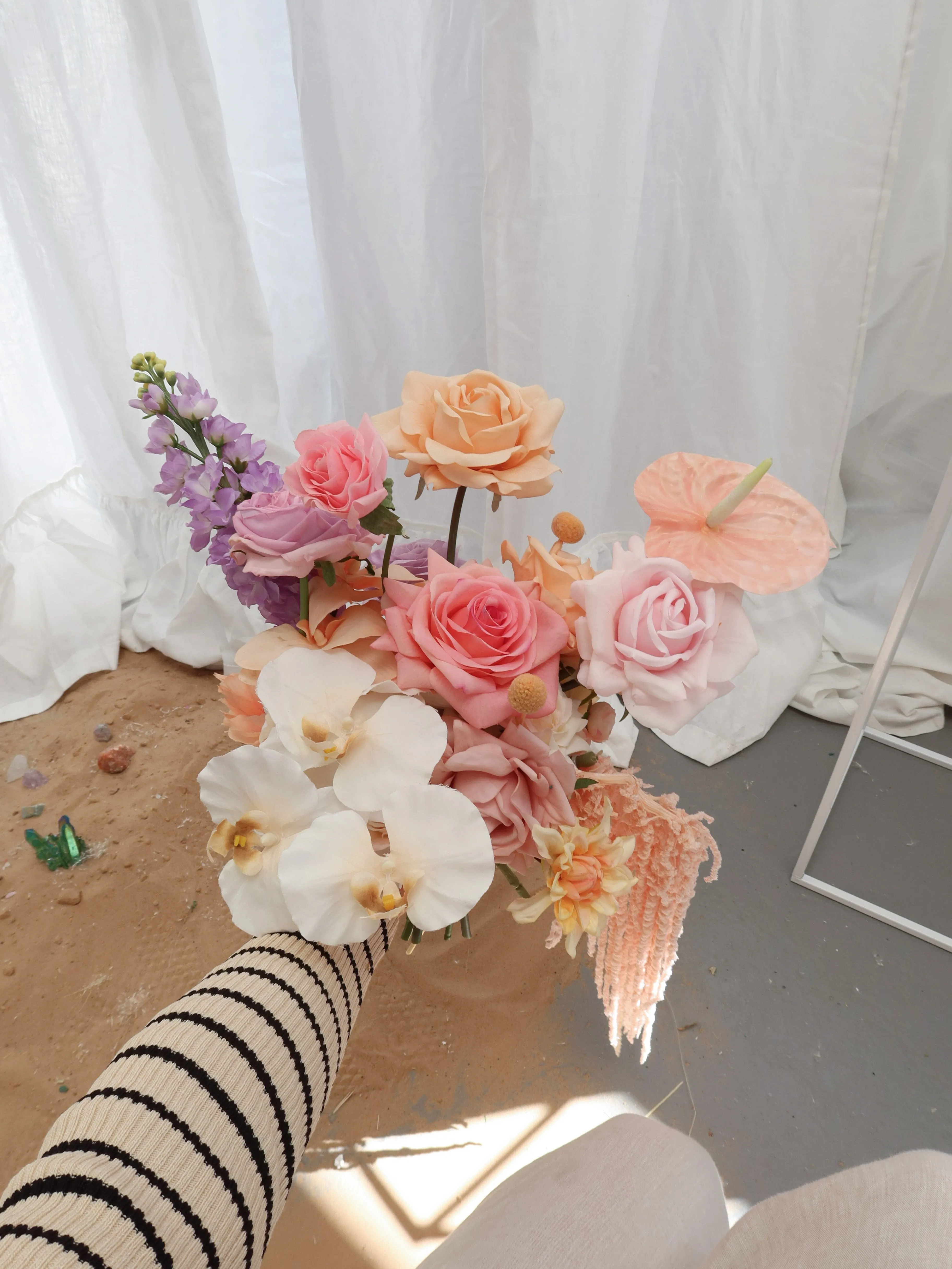Colourful Artificial Flowers Bridal Bouquet - Pastel Peach & Pink
