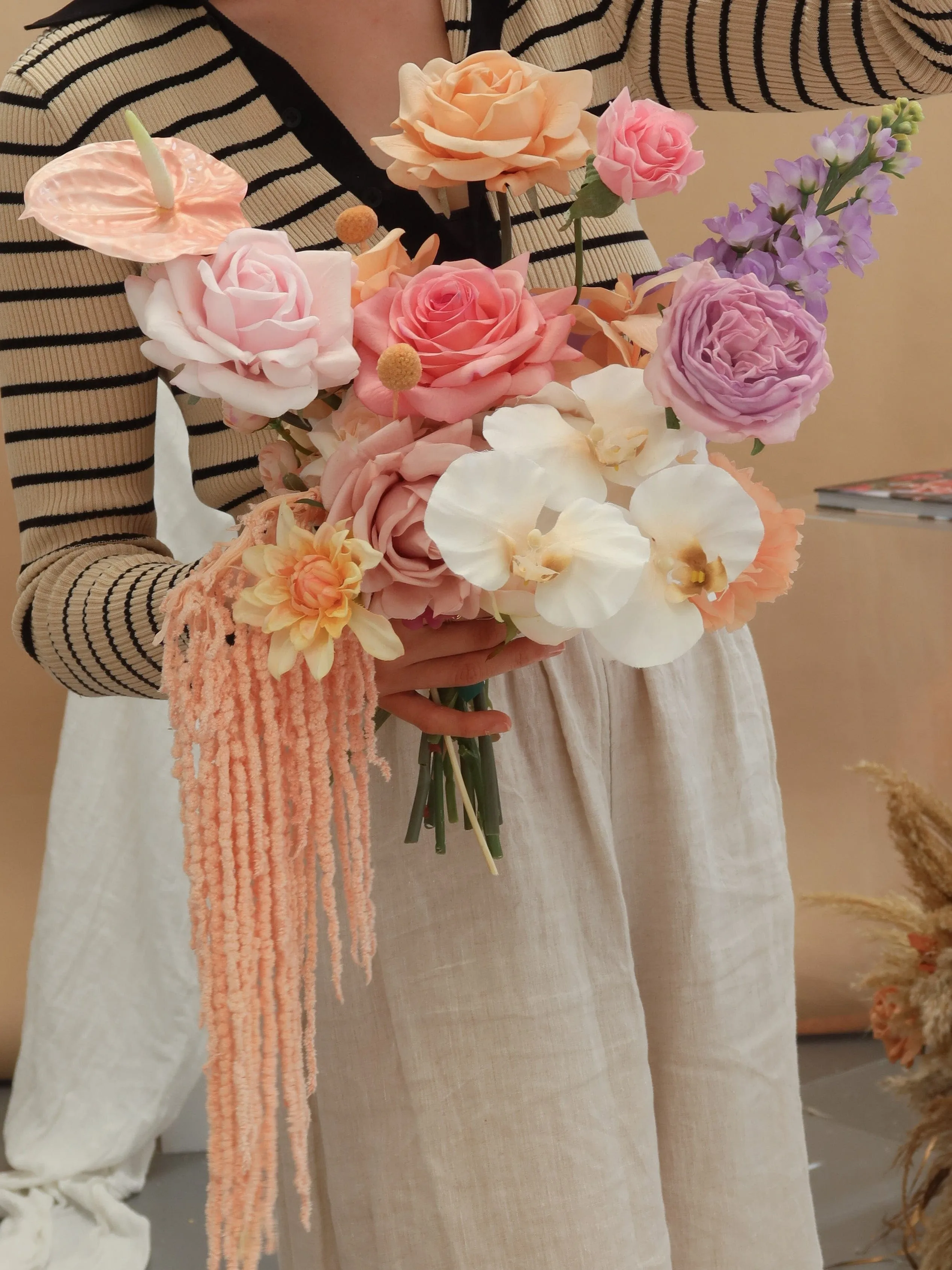 Colourful Artificial Flowers Bridal Bouquet - Pastel Peach & Pink
