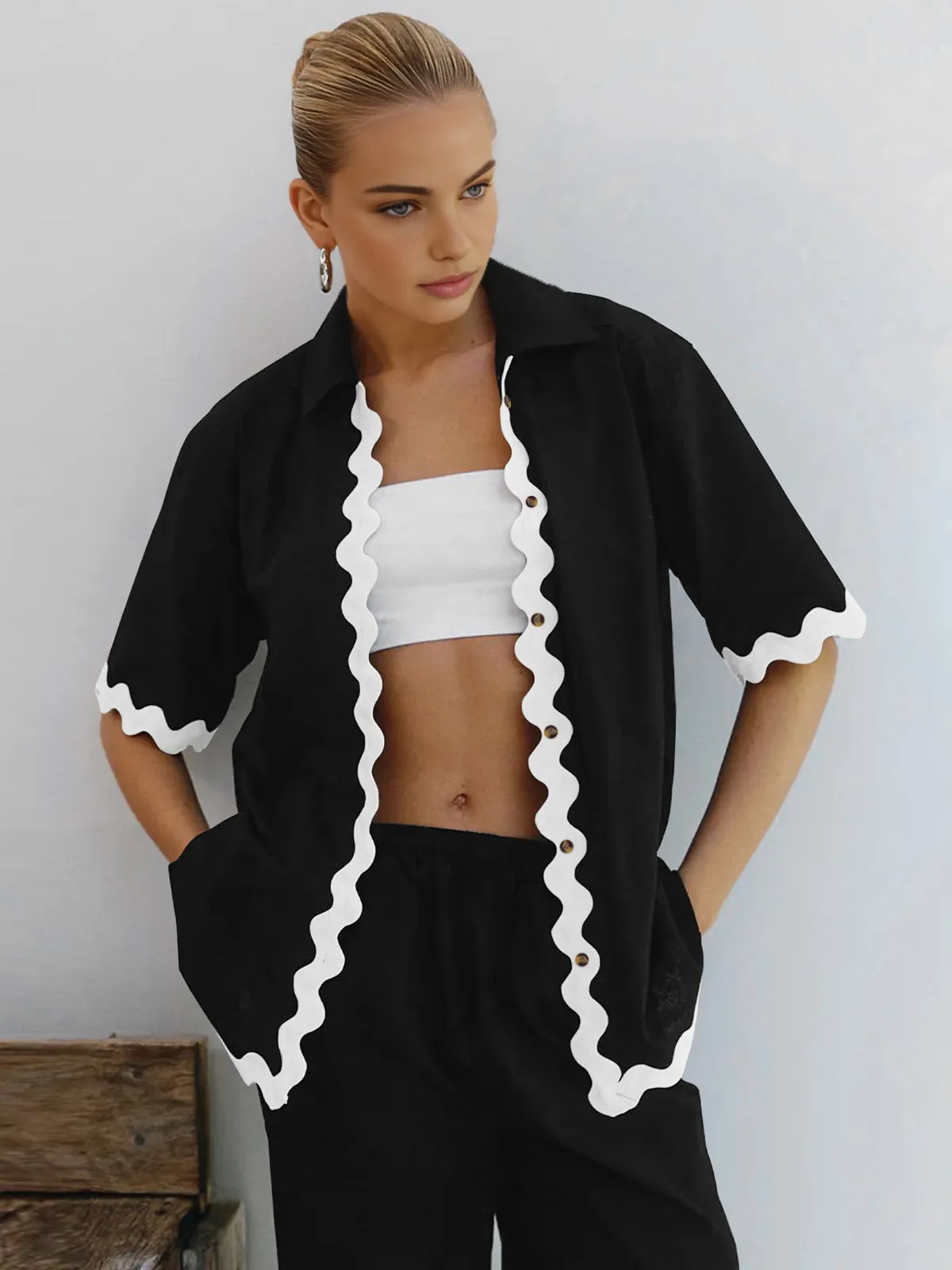 Contrast Trim Graceful Shorts Set