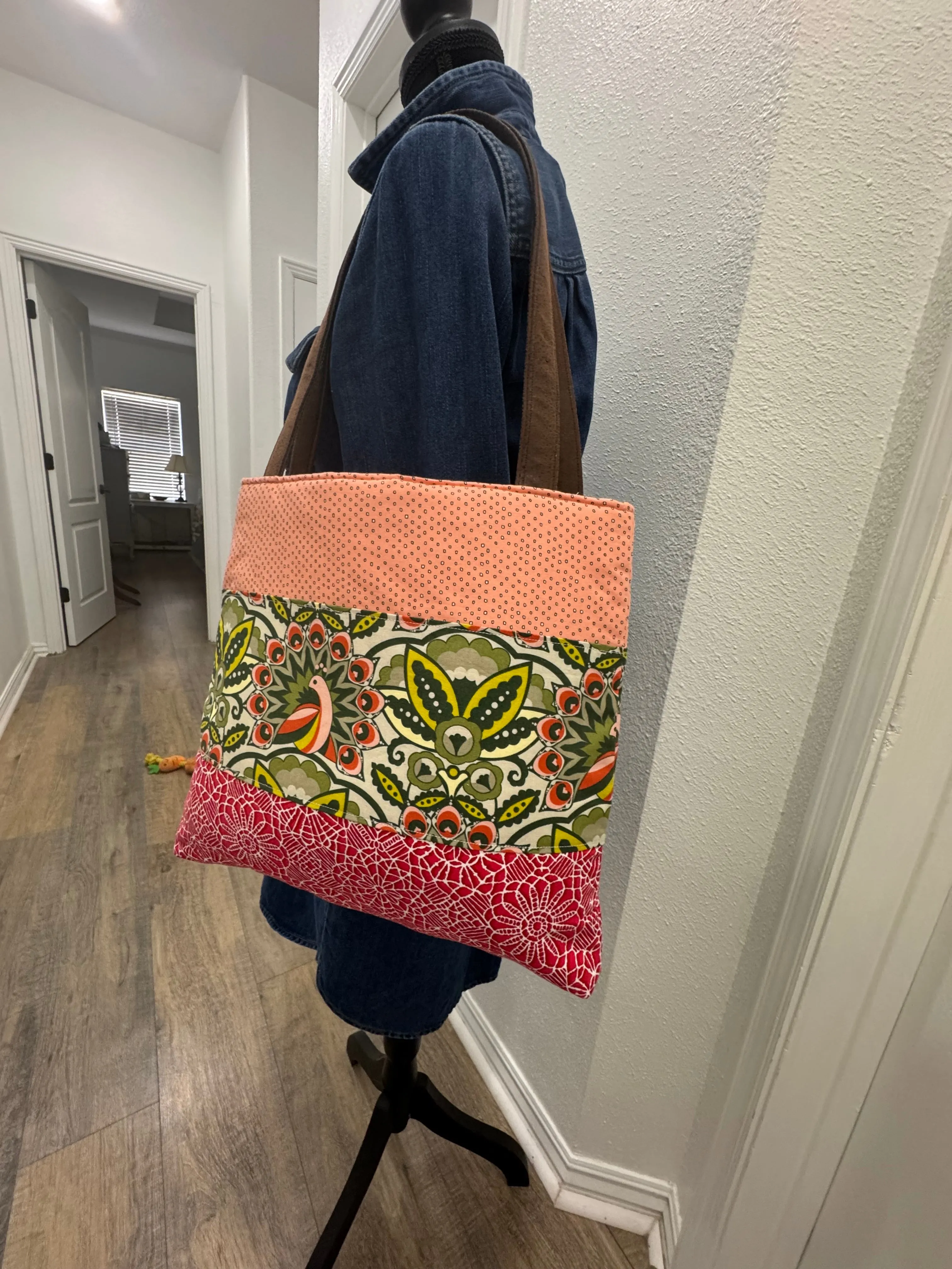 Cotton Peacock Print Tote Bag  In Peach and Green