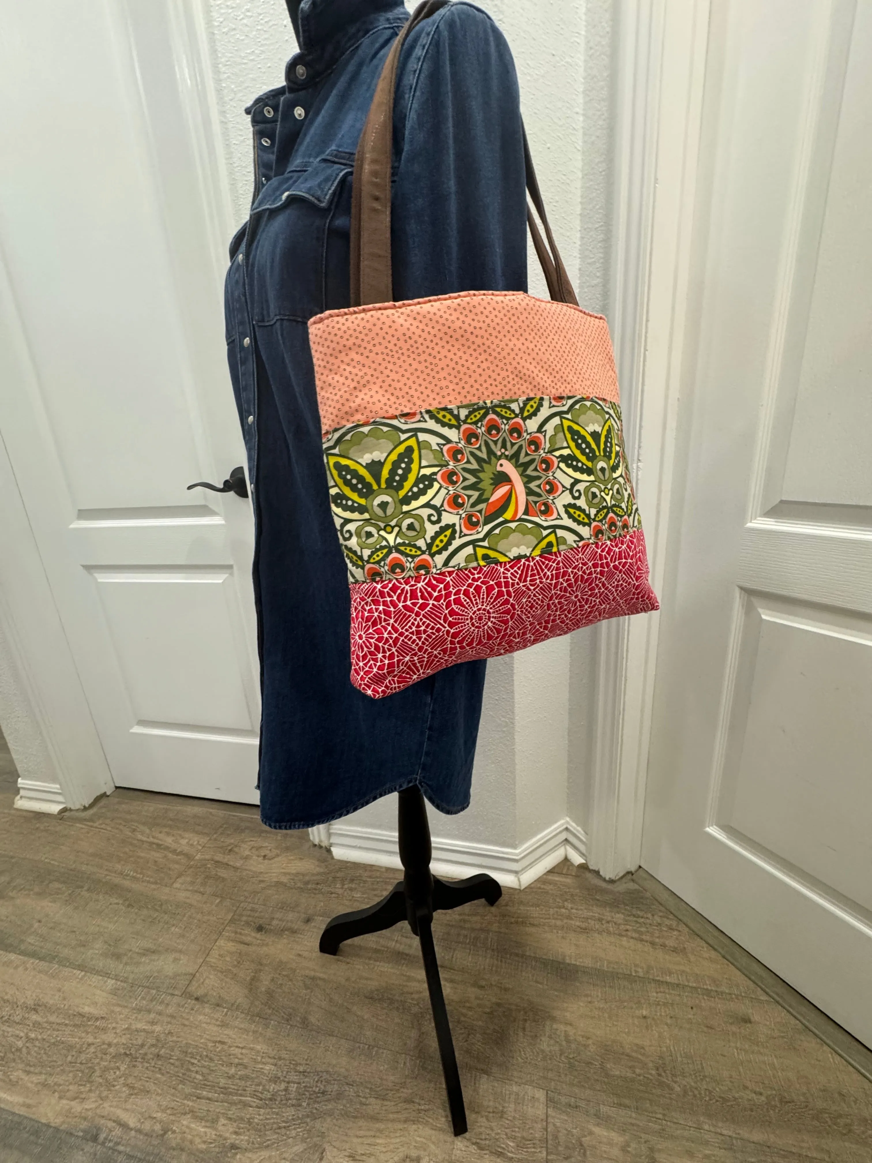 Cotton Peacock Print Tote Bag  In Peach and Green