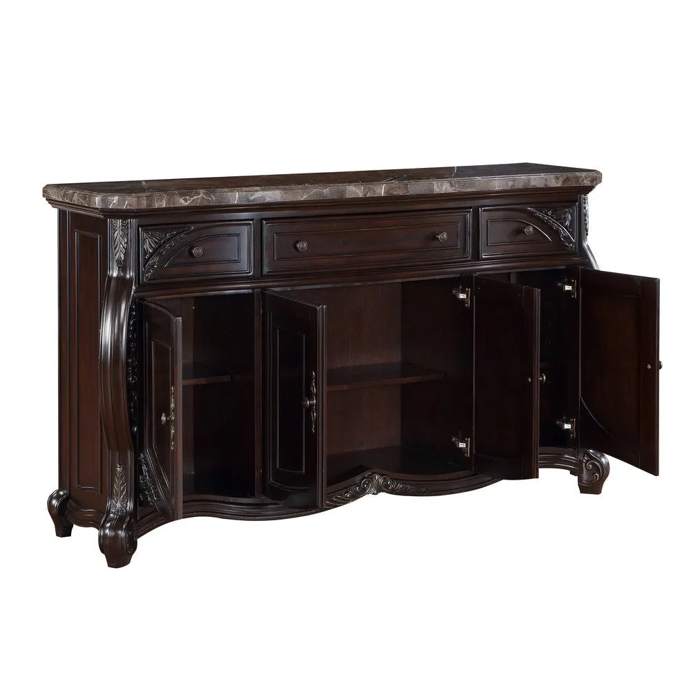 Cran 68 Inch Carved Server, 3 Drawers, 3 Cabinets, Faux Marble Top, Brown By Casagear Home