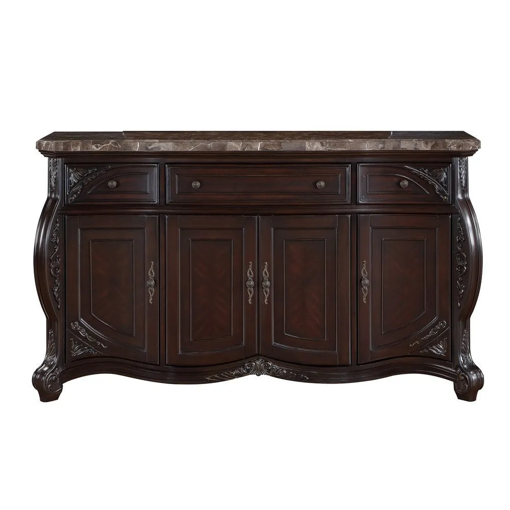 Cran 68 Inch Carved Server, 3 Drawers, 3 Cabinets, Faux Marble Top, Brown By Casagear Home