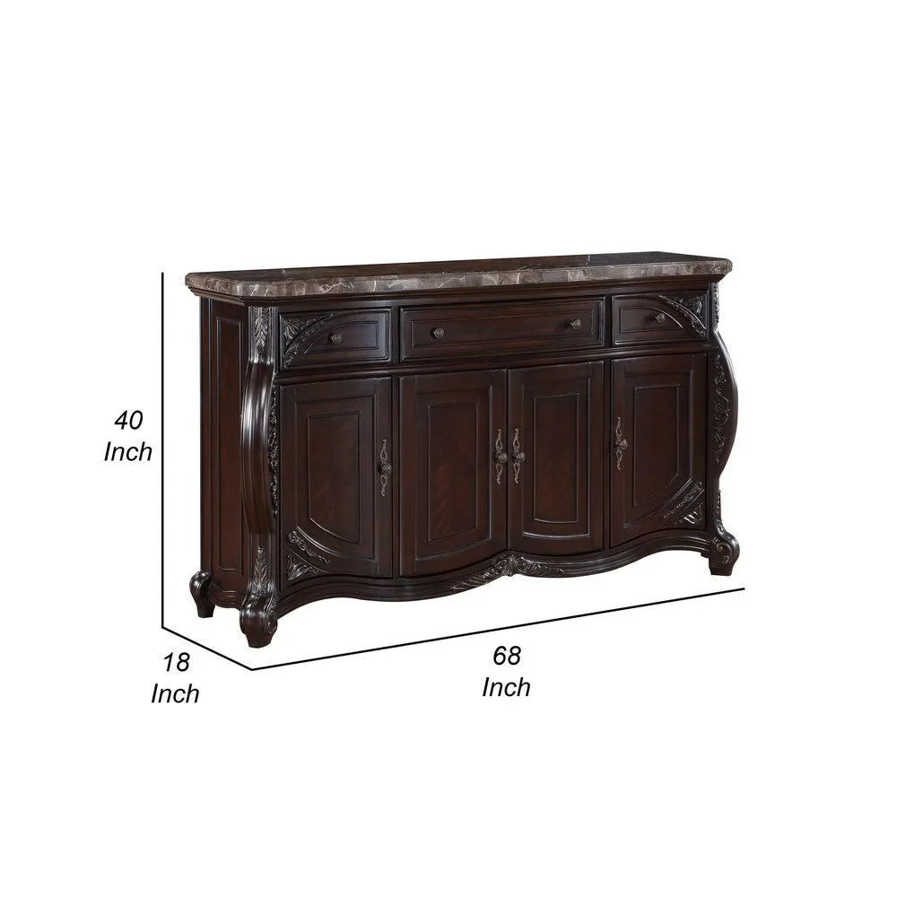 Cran 68 Inch Carved Server, 3 Drawers, 3 Cabinets, Faux Marble Top, Brown By Casagear Home