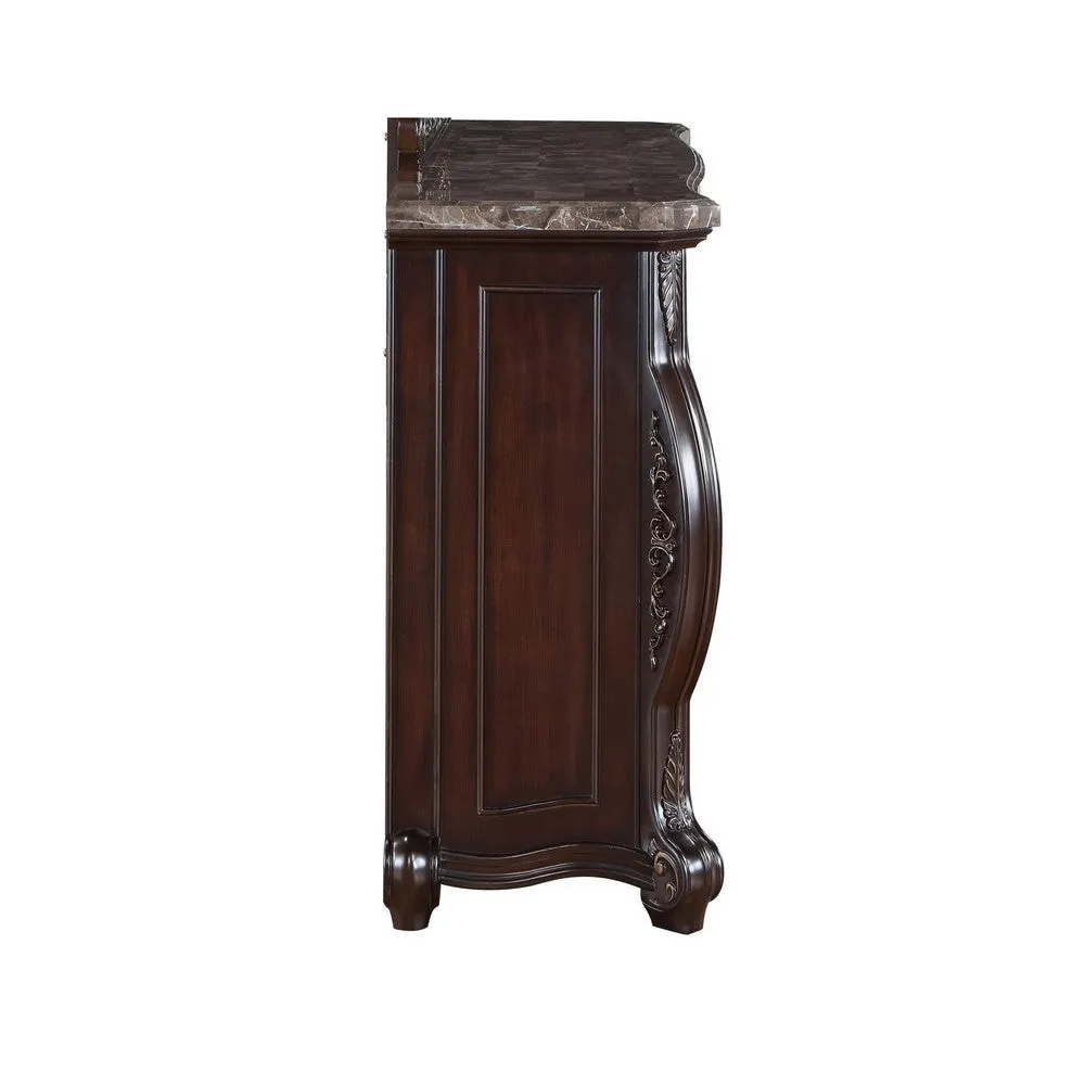 Cran 68 Inch Carved Server, 3 Drawers, 3 Cabinets, Faux Marble Top, Brown By Casagear Home