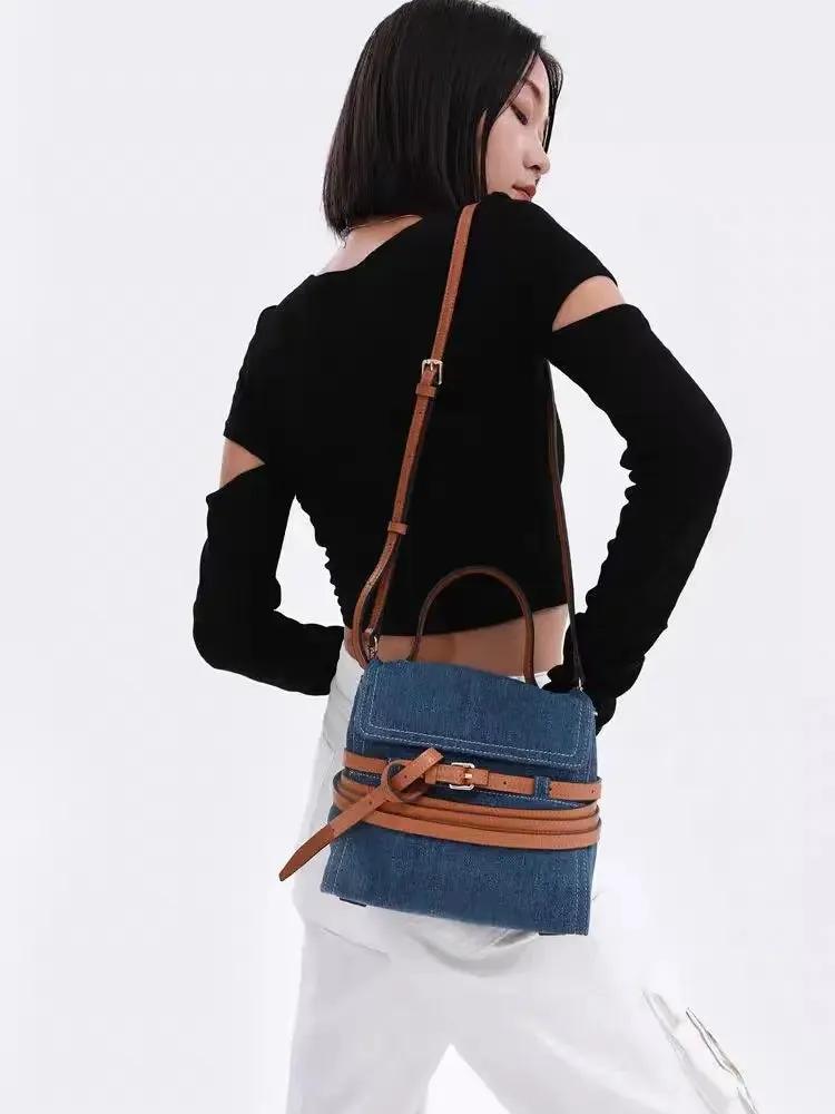 Crossbody Jean Handle With PU Tie Hand Bag