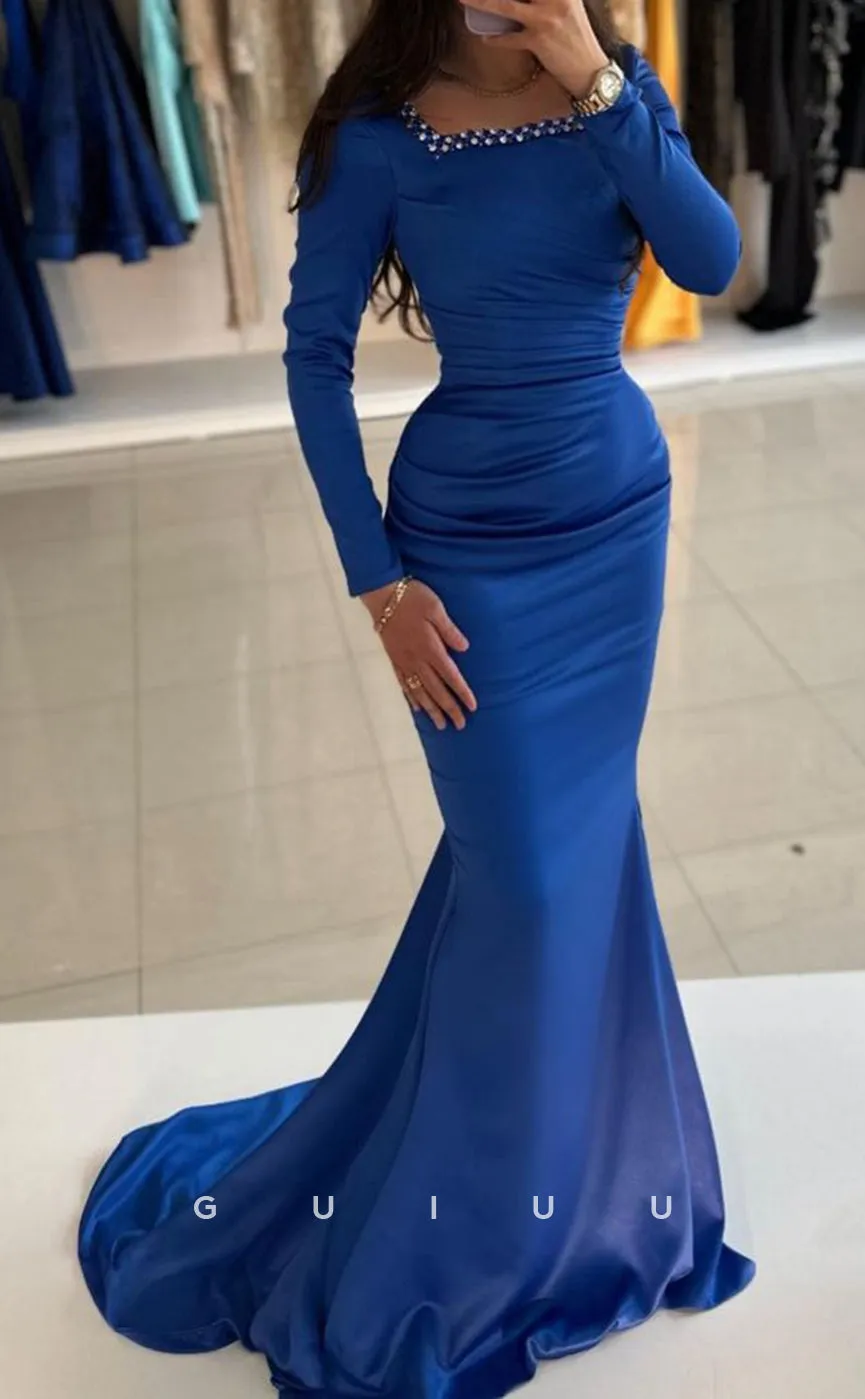 G3368 - Classic & Timeless Sheath Square Trumpet Sweep Train Beaded Ball Gown Prom Dress