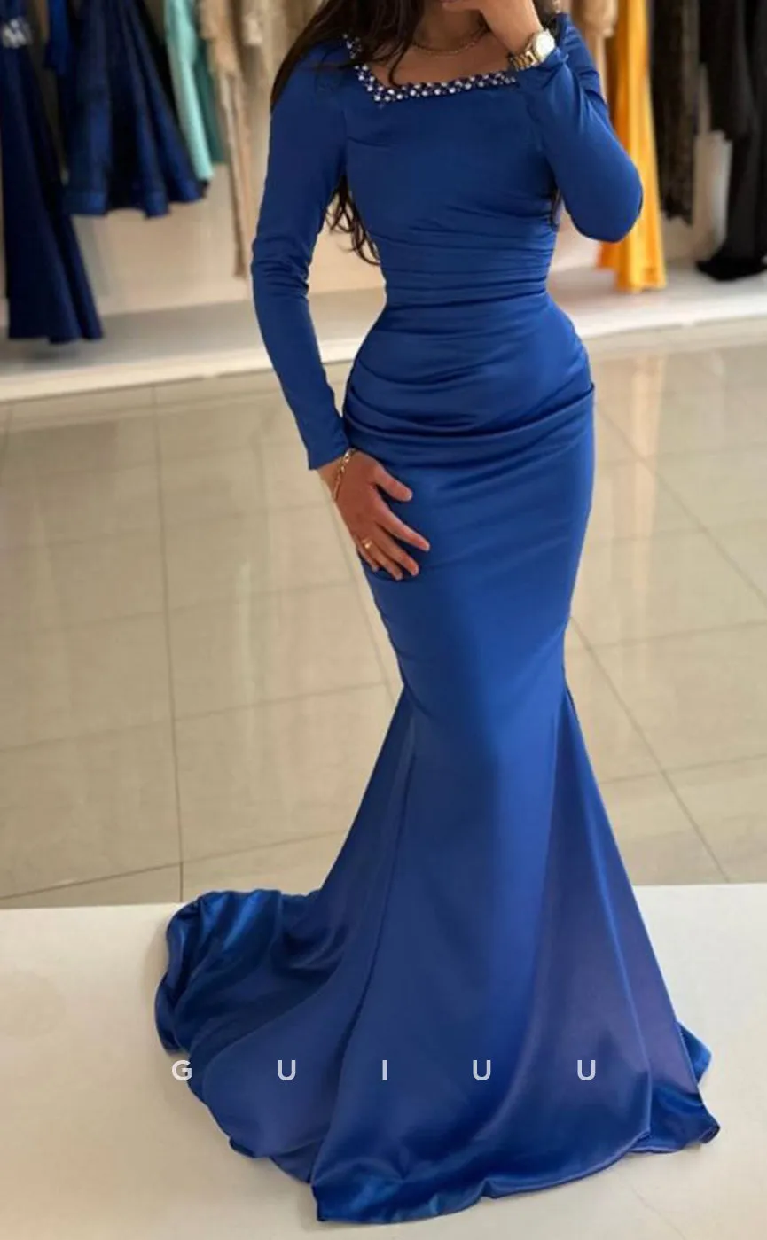 G3368 - Classic & Timeless Sheath Square Trumpet Sweep Train Beaded Ball Gown Prom Dress
