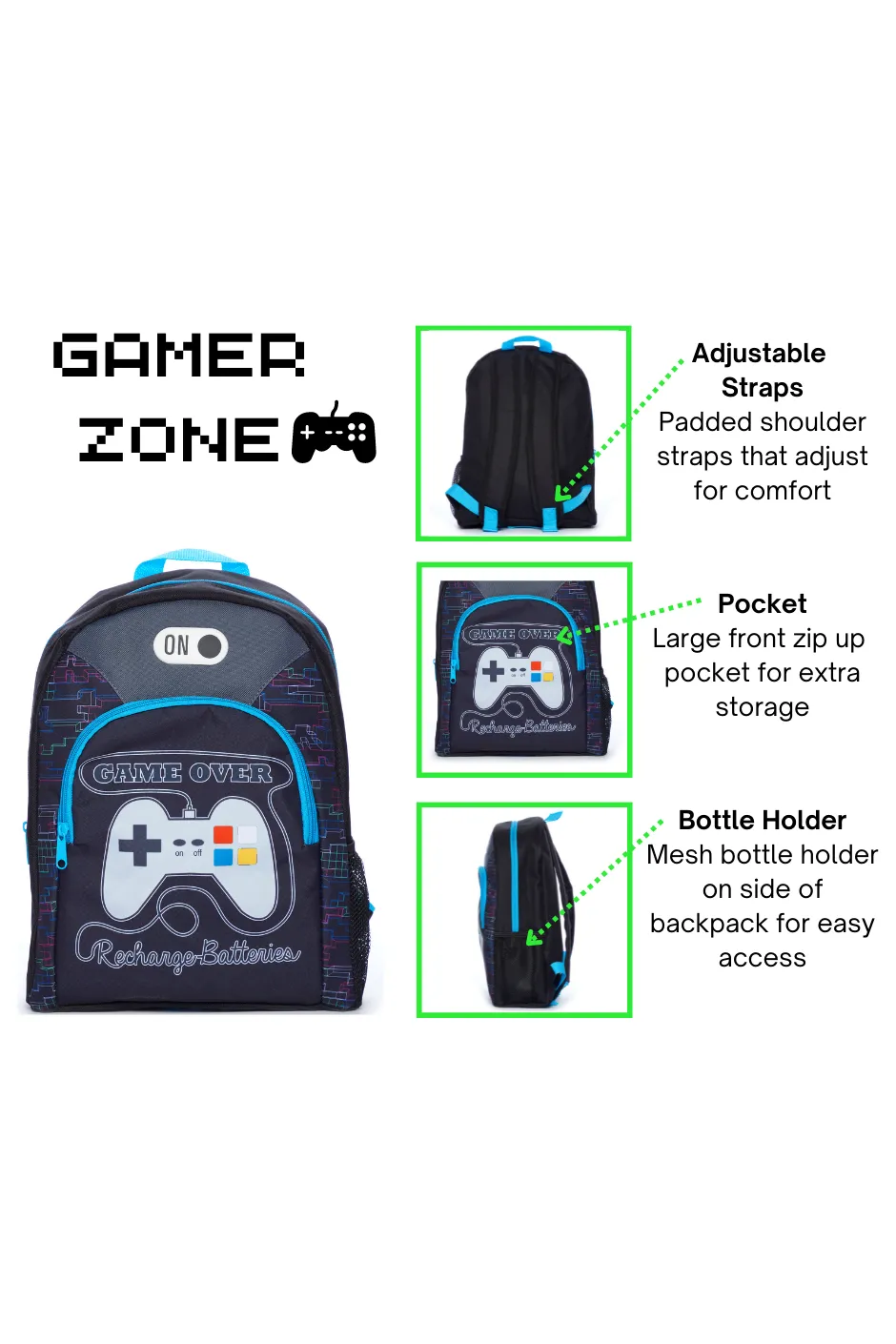 Game Over Recharge School Bag And Lunch bag 2 Piece, Kids Boys Gamer Backpack