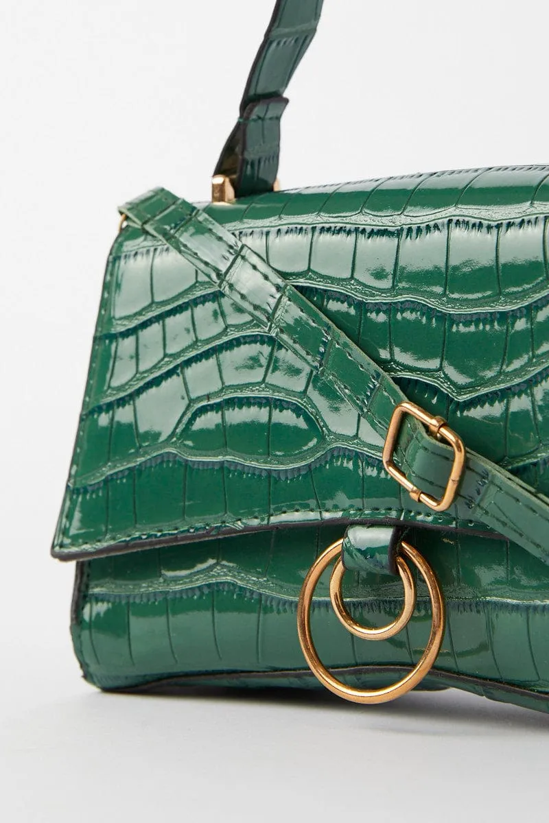 Green Croc Top Handle Crossbody Bag