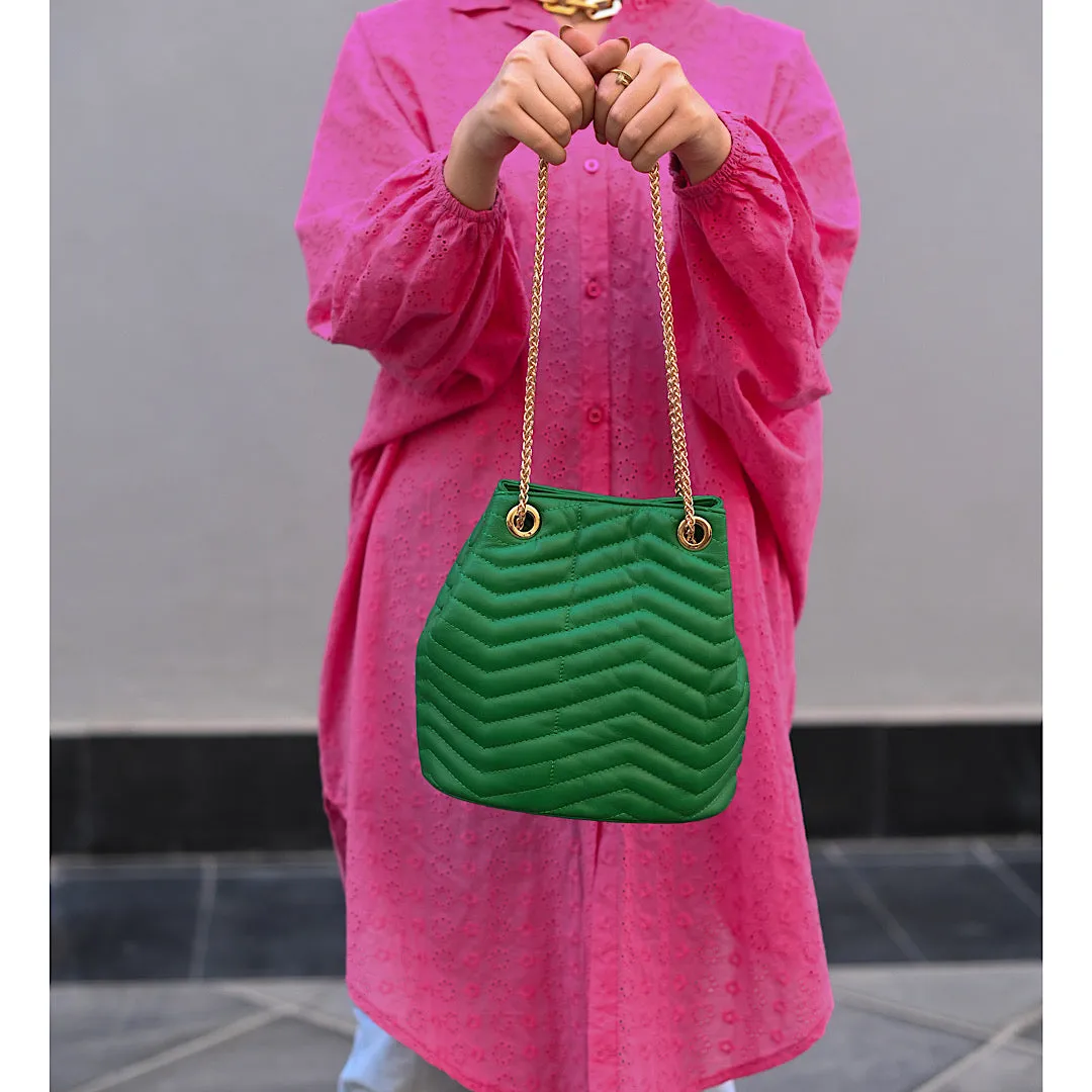 Green leather bucket bag