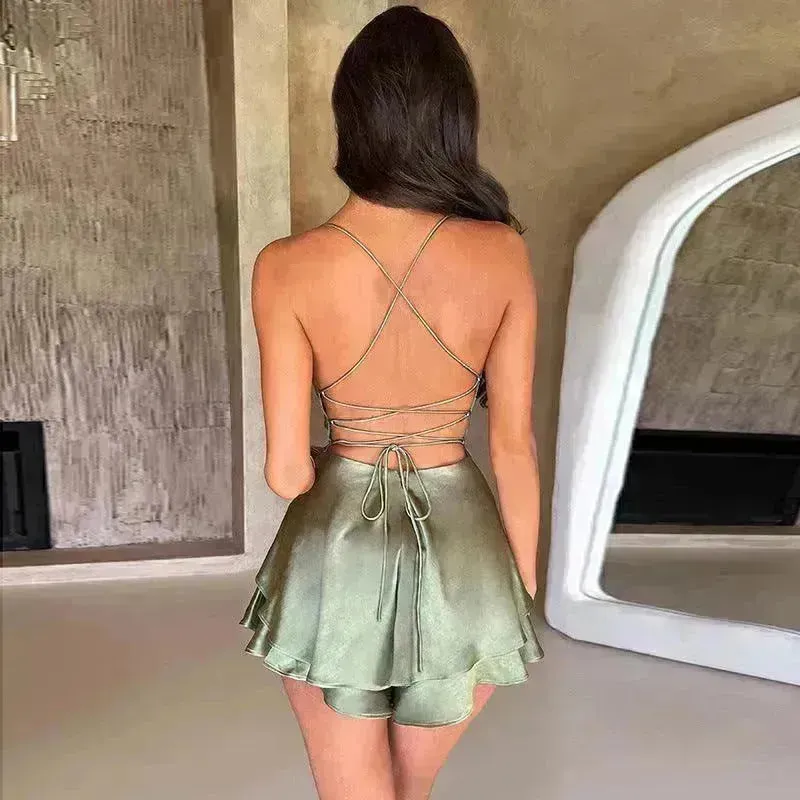 Halter Satin Summer Charming Backless Straps Temperament Elegant Celebrity Style Short Dress