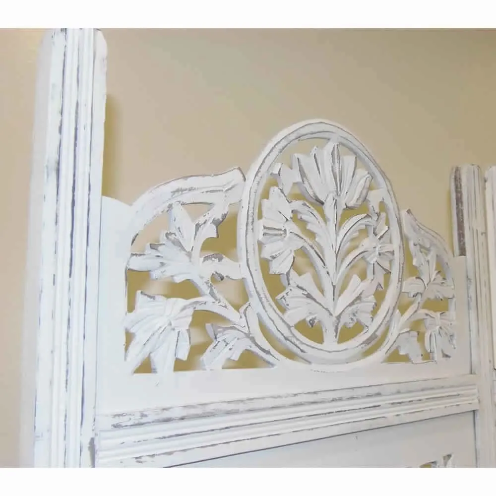Handcrafted Wooden 4 Panel Room Divider Screen Featuring Lotus Pattern-Reversible, White By The Urban Port