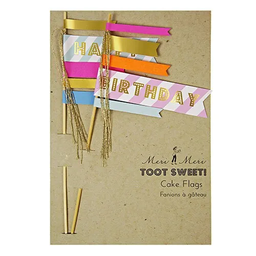 Happy Birthday Cake Flags, Set of 2 Meri Meri Birthday Cake Flags, Gold Foil Details and Gold Tassels