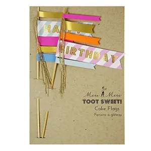 Happy Birthday Cake Flags, Set of 2 Meri Meri Birthday Cake Flags, Gold Foil Details and Gold Tassels