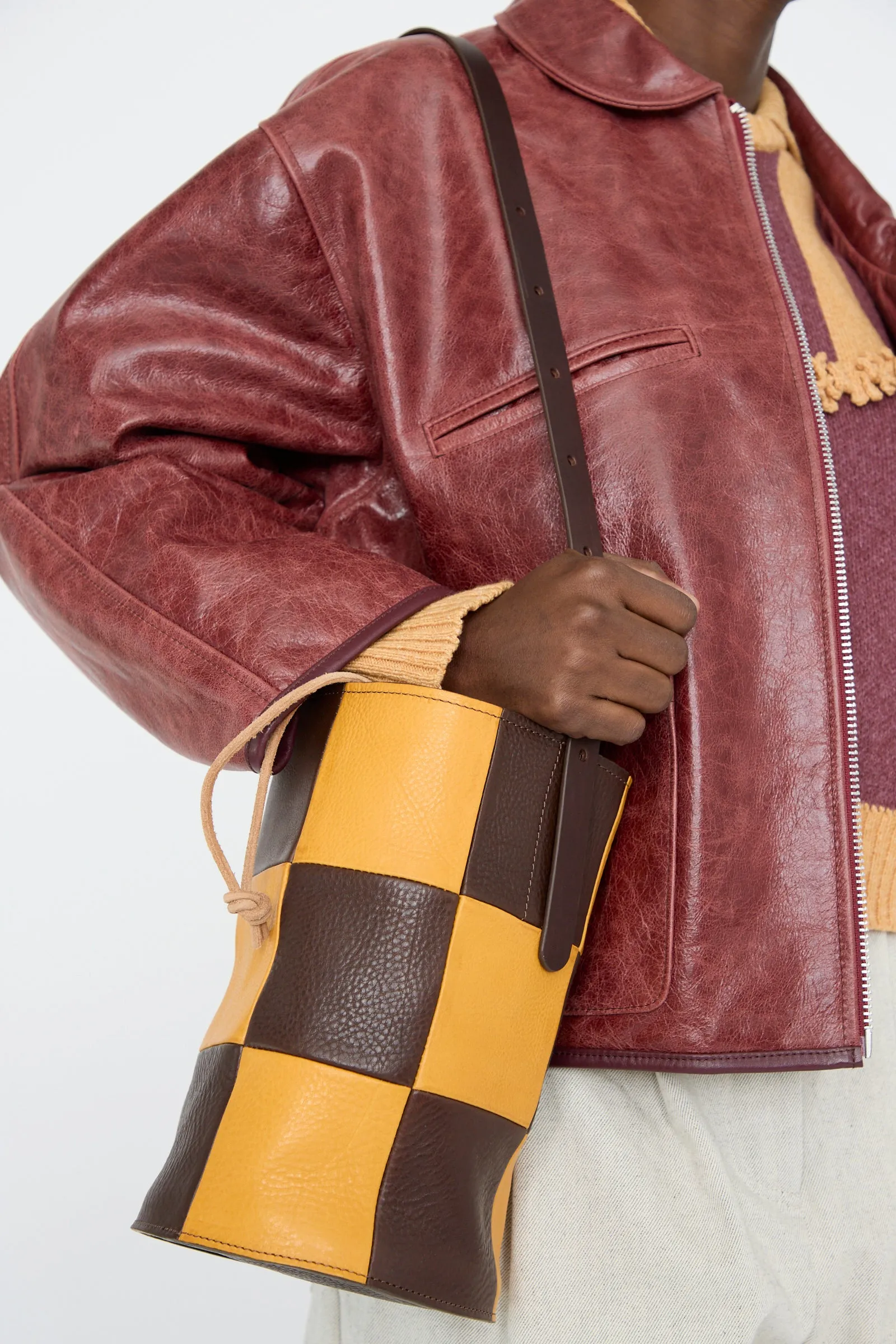 Leather Patchwork Bucket Bag in Tan and Mustard