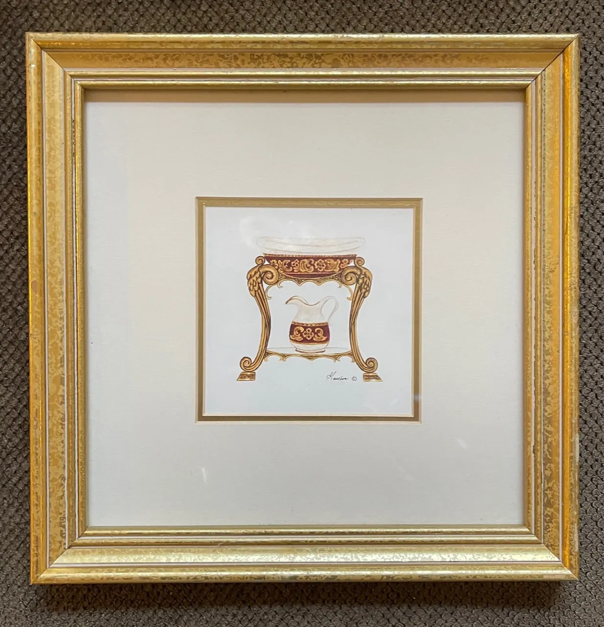 Matted & Gold Framed Antique Bathroom Decor Wash Pitcher & Basin Bath Print