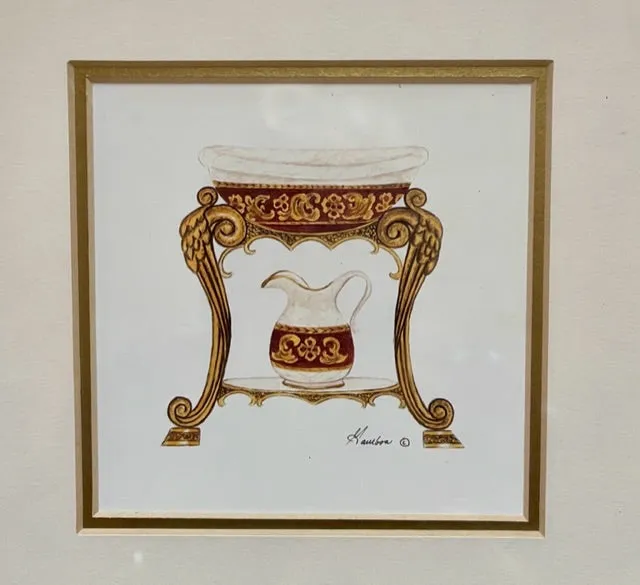 Matted & Gold Framed Antique Bathroom Decor Wash Pitcher & Basin Bath Print