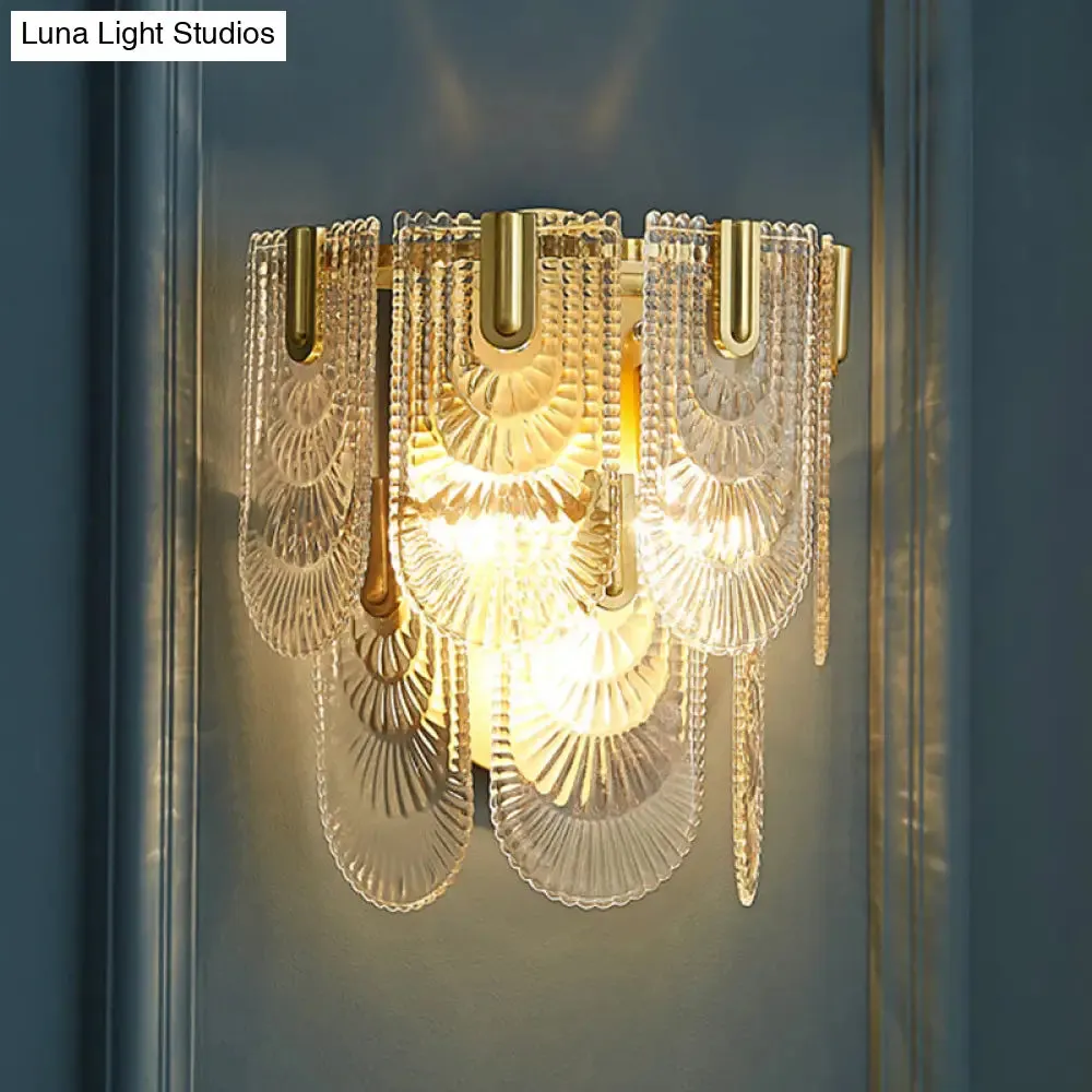 Modern Carved Glass 3-Light Gold Wall Sconce: 2-Layer, Wall-Mounted Lamp for Living Room