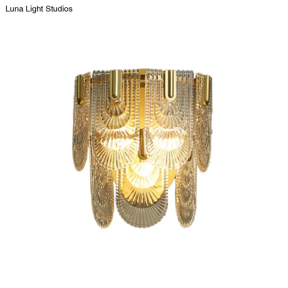 Modern Carved Glass 3-Light Gold Wall Sconce: 2-Layer, Wall-Mounted Lamp for Living Room