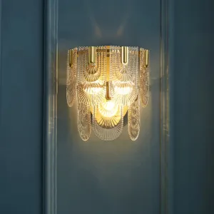 Modern Carved Glass 3-Light Gold Wall Sconce: 2-Layer, Wall-Mounted Lamp for Living Room