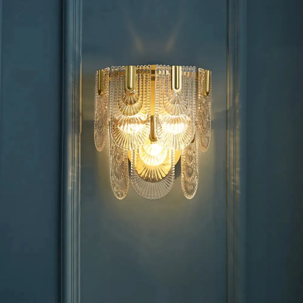 Modern Carved Glass 3-Light Gold Wall Sconce: 2-Layer, Wall-Mounted Lamp for Living Room