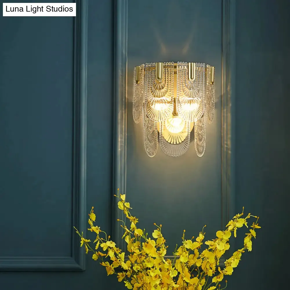 Modern Carved Glass 3-Light Gold Wall Sconce: 2-Layer, Wall-Mounted Lamp for Living Room