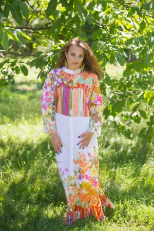 Orange Charming Collars Style Caftan in Floral Watercolor Painting Pattern