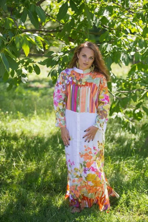 Orange Charming Collars Style Caftan in Floral Watercolor Painting Pattern