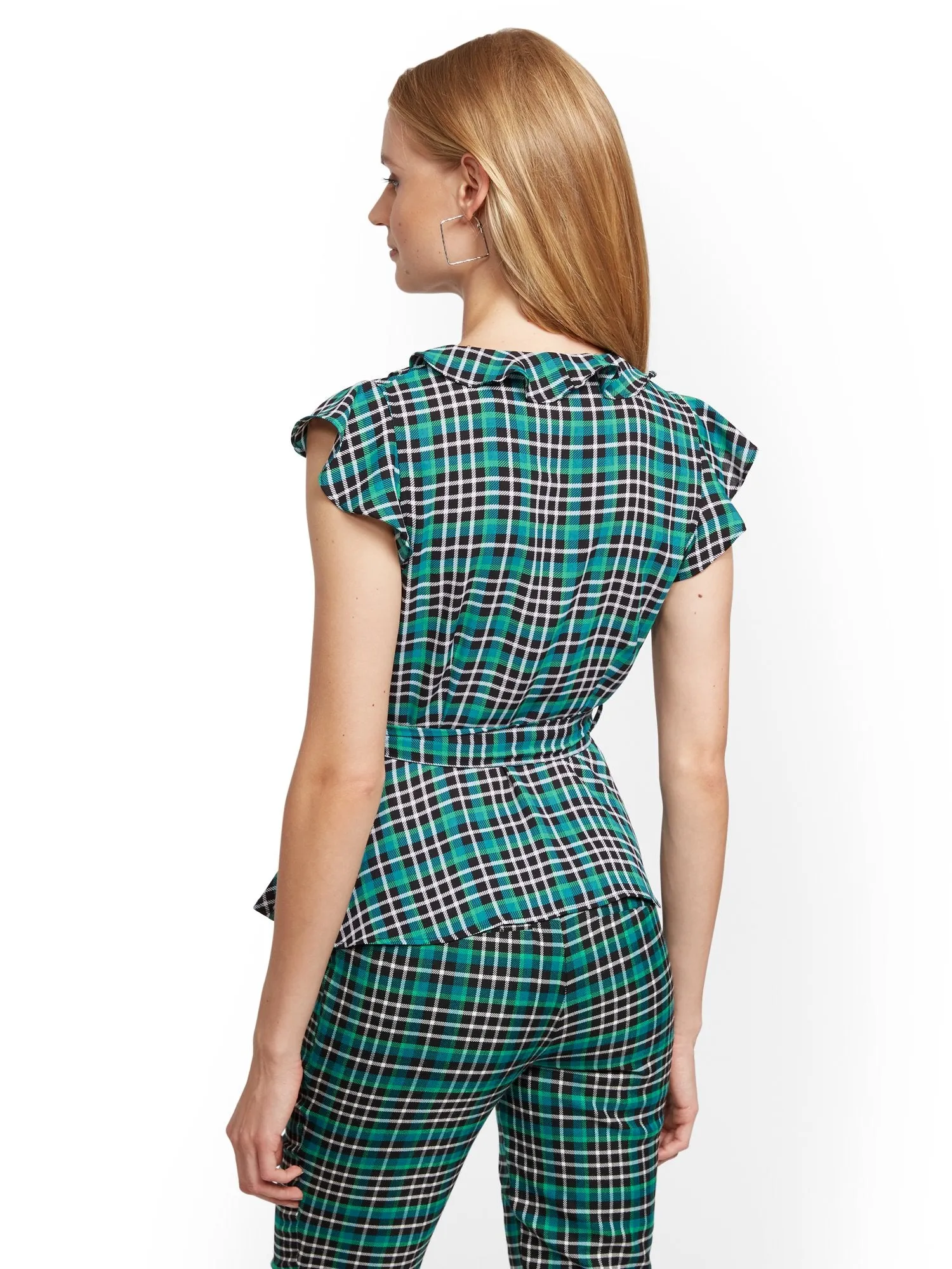 Plaid Ruffled Wrap Blouse -7th Avenue