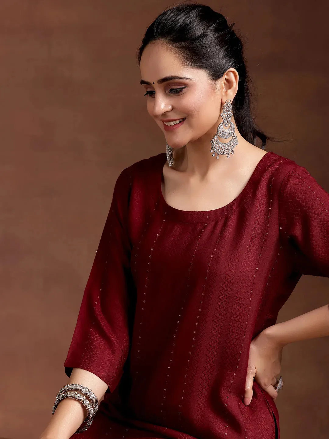 Red Woven Design Rayon Straight Kurta