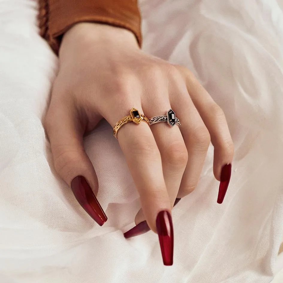 RENOUNCE. Ornate Gothic Onyx Ring - Silver