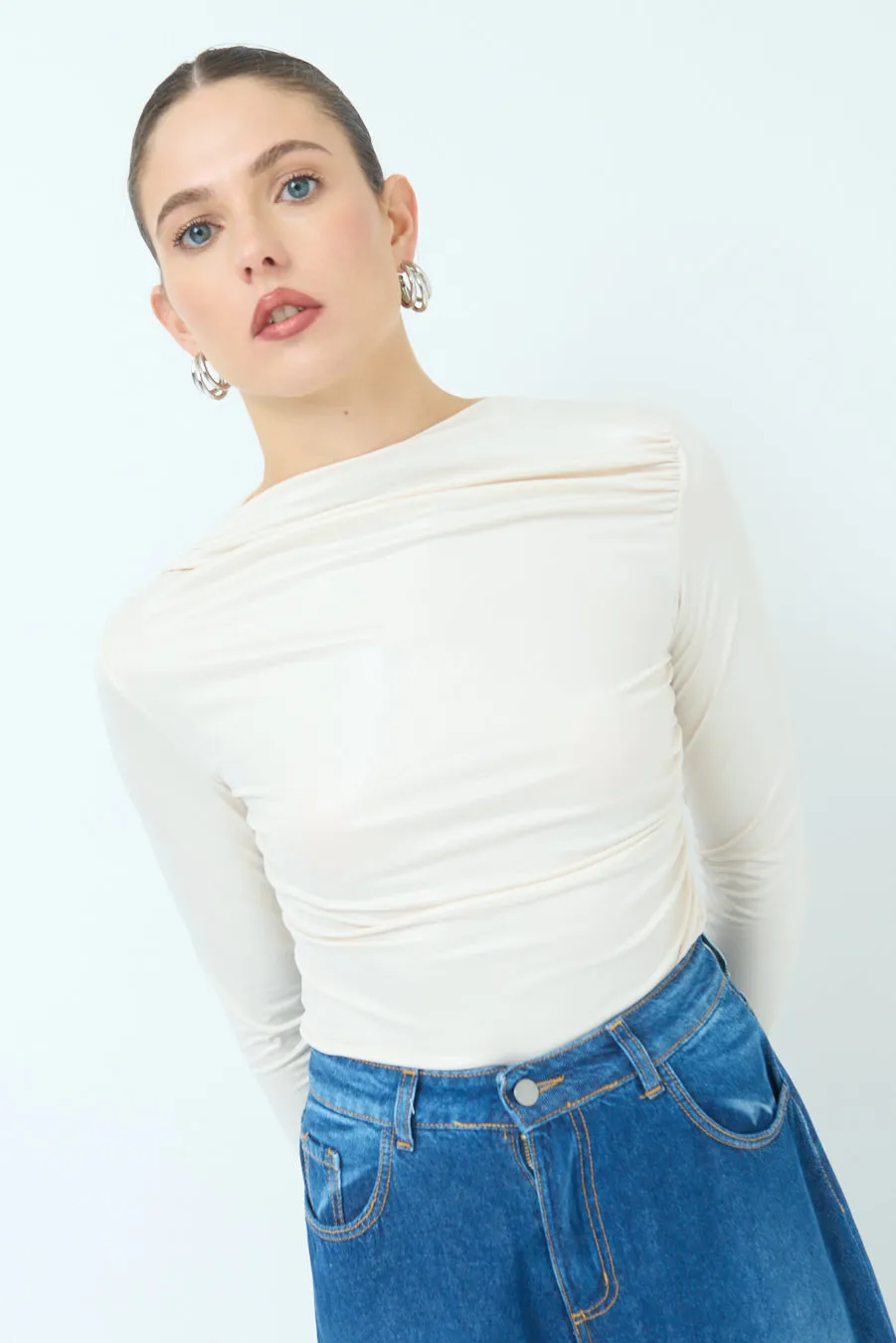 Ruched long-sleeve glossy top wholesale