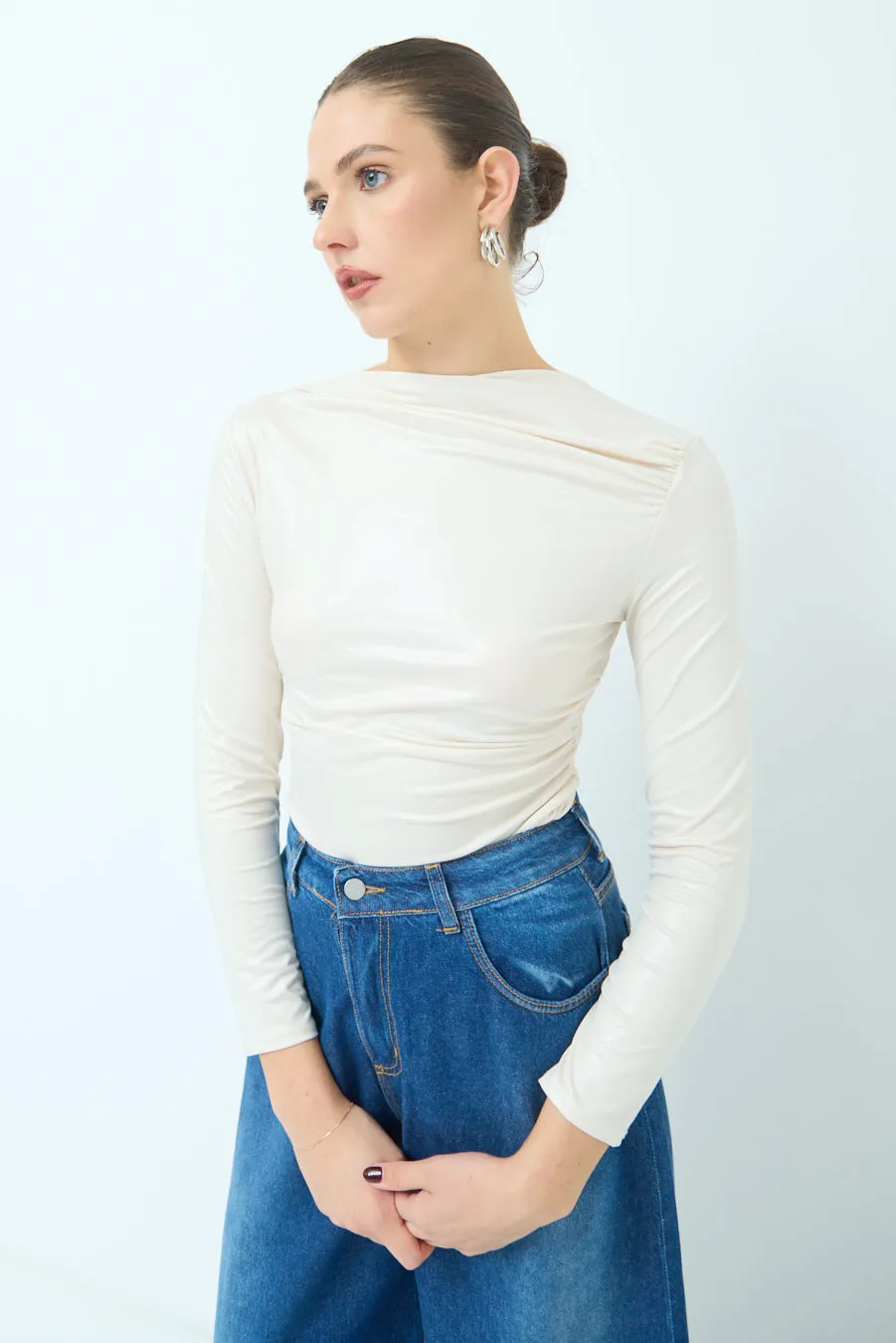 Ruched long-sleeve glossy top wholesale