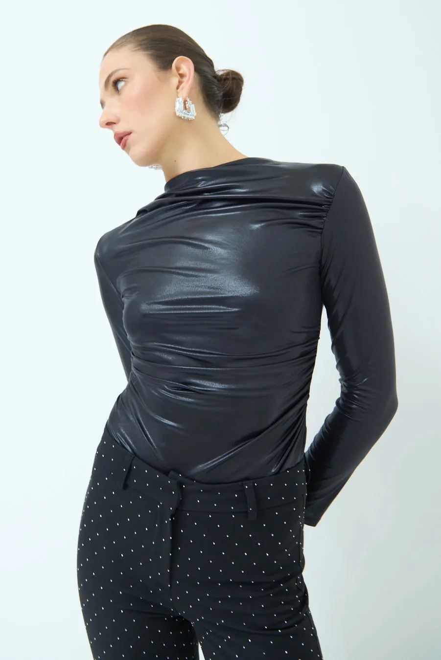 Ruched long-sleeve glossy top wholesale