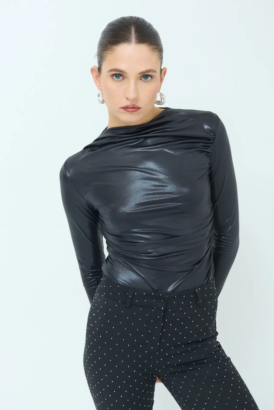 Ruched long-sleeve glossy top wholesale