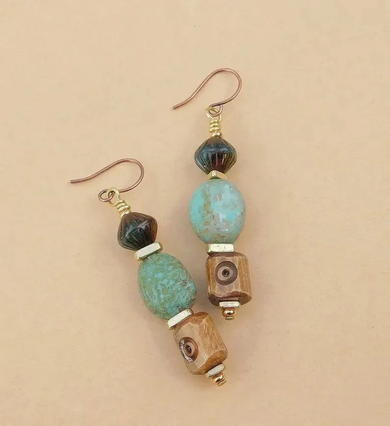 Tibetan Agate and Turquoise Stone Earrings