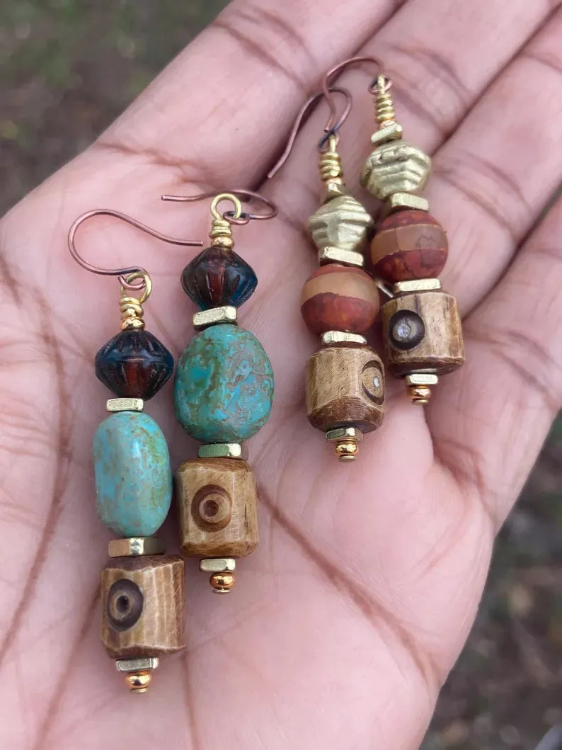 Tibetan Agate and Turquoise Stone Earrings