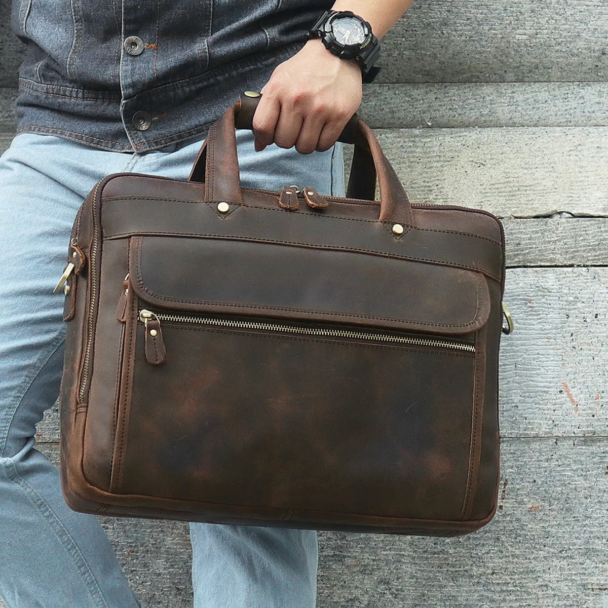 YAAGLE Men's Real Leather Zipper Business Laptop Handbag YG7388R